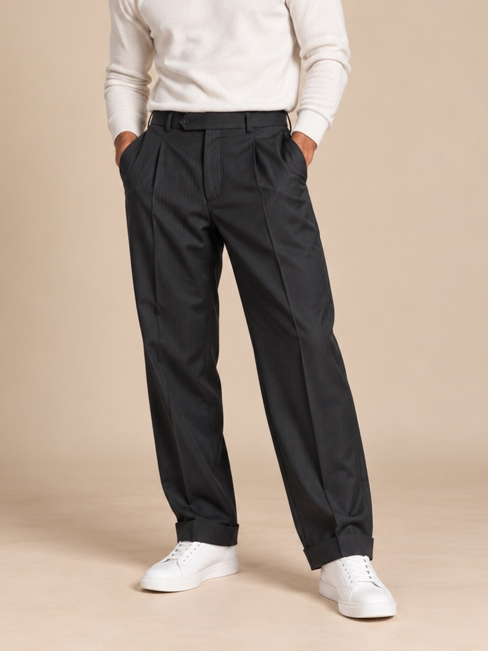 Made In Italy Black Pinstripe Wool Trousers Pleated Cuffed Quiet Luxury Pants